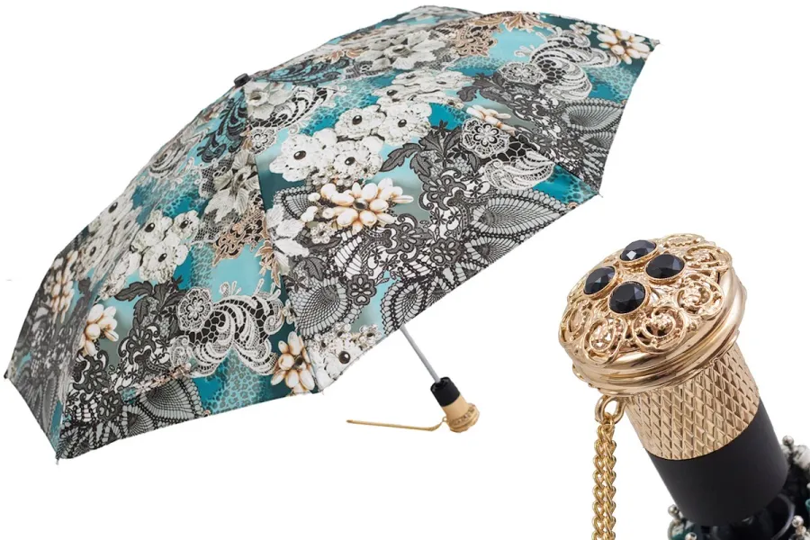 obrazek 1 Elegancki parasol damski zdobiony oryginalnym kwiatowym wzorem z rączką wysadzaną klejnotami - Pasotti