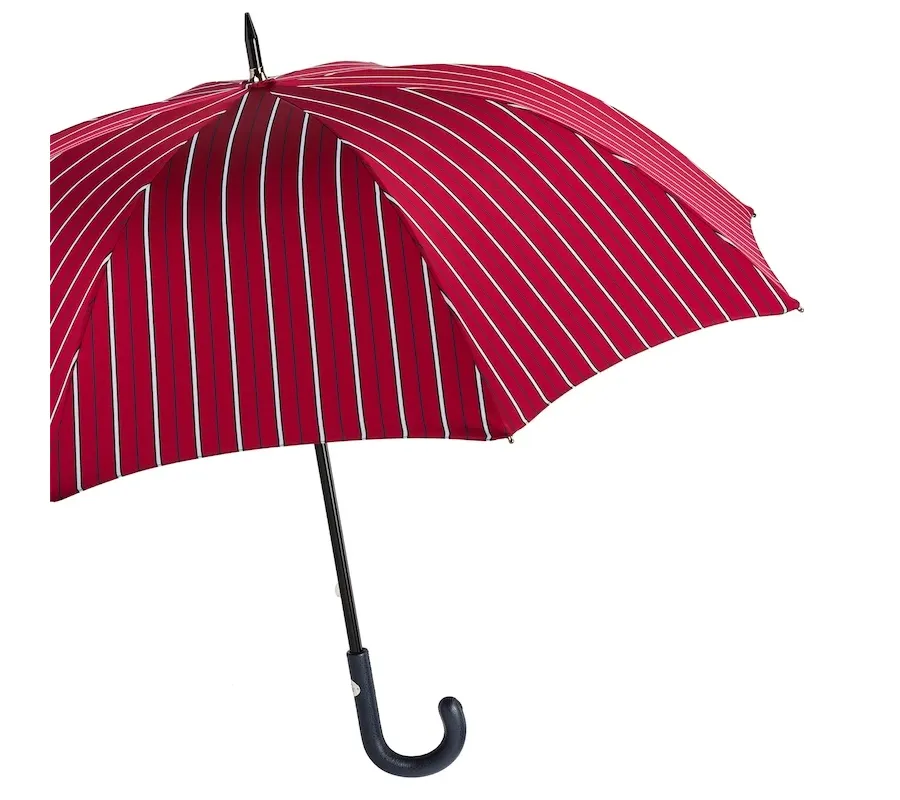 obrazek 9 Wyjątkowy czerwony parasol męski w pionowe paski ze skórzaną czarną rączką – Pasotti