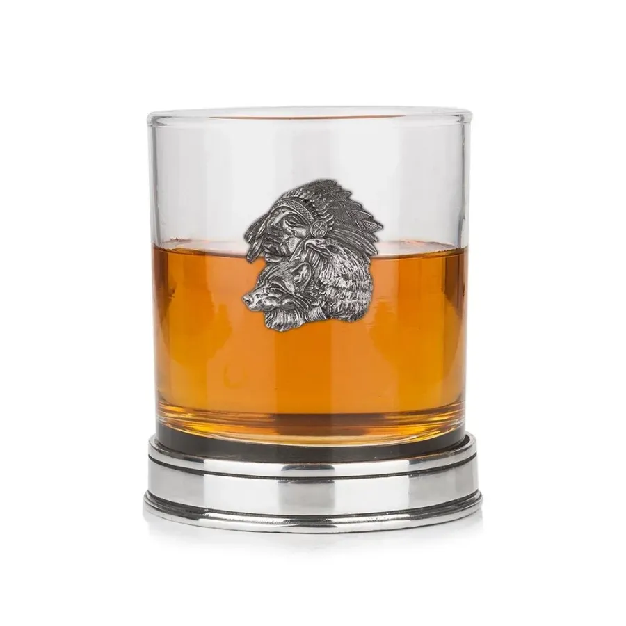 obrazek 1 Szklanka do whisky z emblematem inspirowanym kulturą rdzennych Amerykanów i  polerowaną podstawą – prezent dla niego lub dla niej