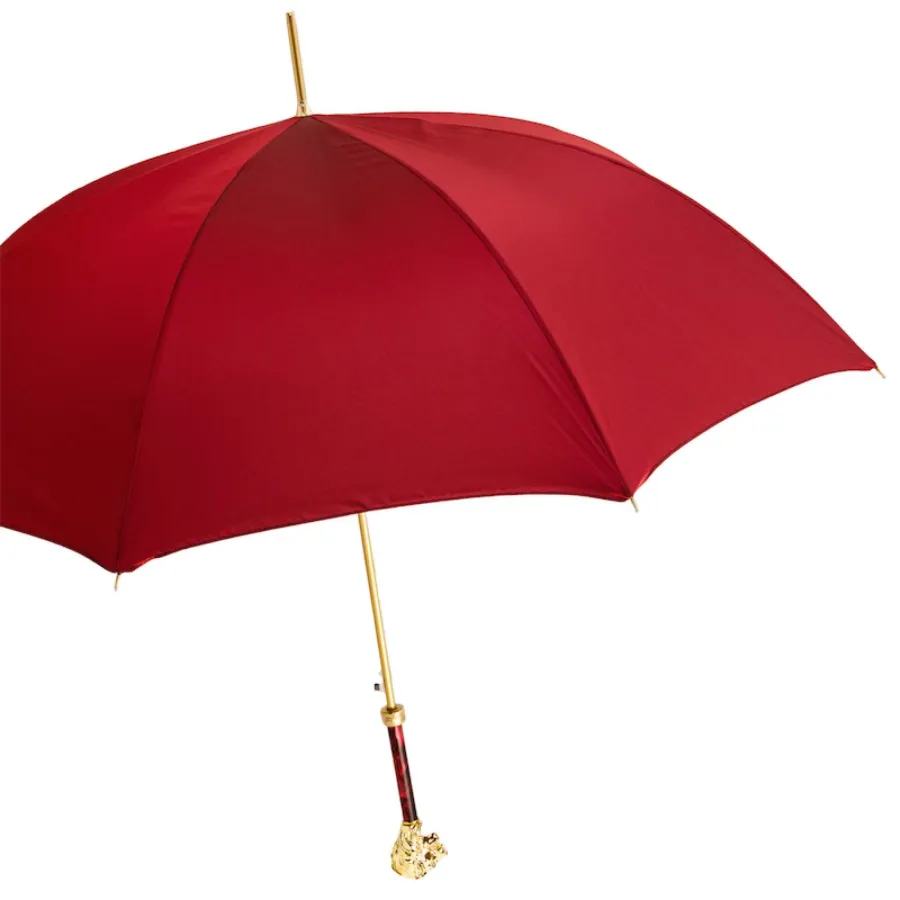 obrazek 6 Elegancki czerwony parasol męski z rączką w kształcie złotego lwa – Pasotti