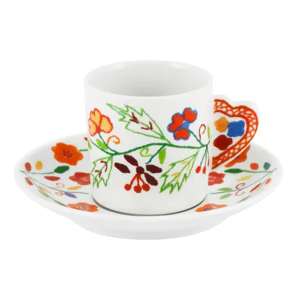 Picture Vila Verde porcelain coffee cup and saucer with a floral motif referring to Valentine's Day handkerchiefs - Vista Alegre