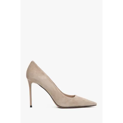 Zdjęcie Estro: Beżowe buty damskie na obcasie z weluru naturalnego