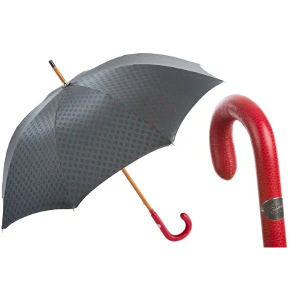 Picture A unique gray men's umbrella decorated with a small pattern and a red leather handle - Pasotti