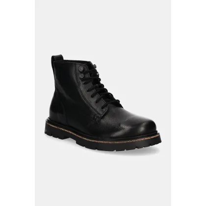 Zdjęcie Birkenstock botki skórzane Highwood Lace Mid damskie kolor czarny na płaskim obcasie 1028510