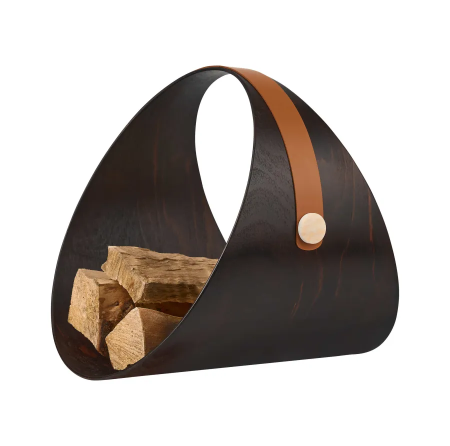 obrazek 2 Niepowtarzalny stojak na drewno do kominka / czasopisma Ø36 cm z drewna wenge i skóry