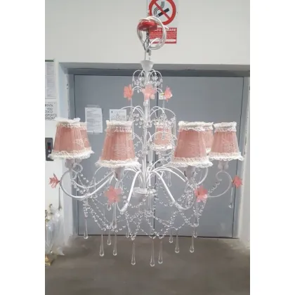 Zdjęcie Żyrandol z ośmioma lampami z białego metalu zdobiony kryształowymi zawieszkami oraz różami i kroplami ze szkła Murano - Il Paralume Marina