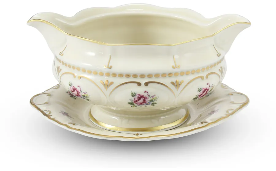 obrazek 3 Stylowa 25-częściowa zastawa obiadowa z porcelany z klasycznej kolekcji Bohemian rose ivory – Leander