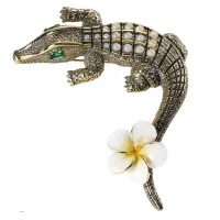 Zdjęcie Broszka w kształcie Krokodyla z pozłacanego 18-karatowego i postarzanego srebra Miodowe opale Biało - żółta emalia Zielona cyrkonia