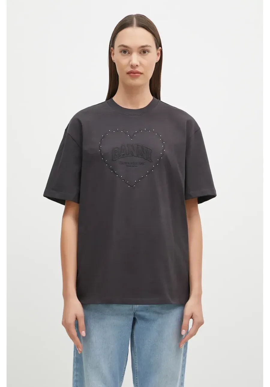 obrazek 1 GANNI t-shirt bawełniany Heavy Cotton Drop Shoulder Heart damski kolor czarny T4057