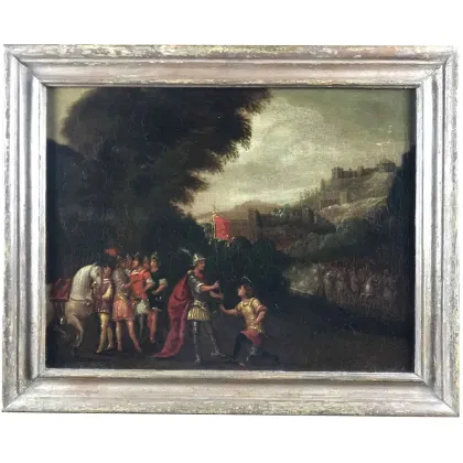 Zdjęcie Obraz olejny na płótnie - krajobraz z Rycerzami - dostarczenie sztandaru przed ufortyfikowanym miastem