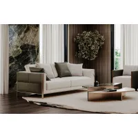 Zdjęcie Oryginalna tapicerowana sofa z drewnianą konstrukcją i metalowymi detalami