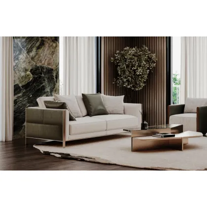 Zdjęcie Oryginalna tapicerowana sofa z drewnianą konstrukcją i metalowymi detalami