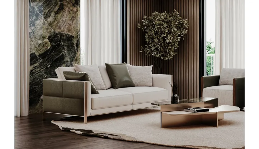 obrazek 1 Oryginalna tapicerowana sofa z drewnianą konstrukcją i metalowymi detalami