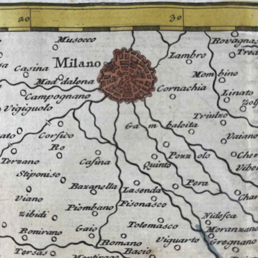 obrazek 5 Antyczny druk z mapą geograficzną terytoriów Pawii, Lodi i Piacenzy z XVIII wieku