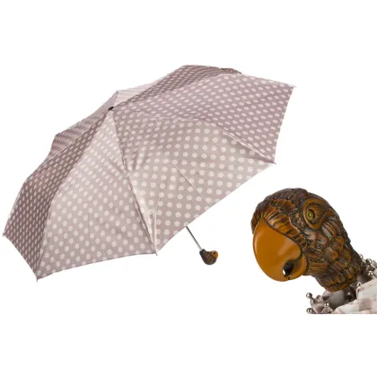 Zdjęcie Wyjątkowy brązowy parasol damski w białe kropki z rączką w kształcie głowy papugi – Pasotti