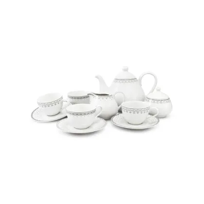 Zdjęcie Piękny 11-elementowy zestaw do herbaty z porcelany w kolorze szarym zdobiony subtelnym motywem – Leander
