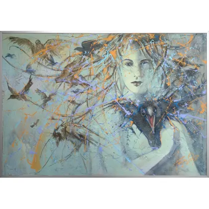 Zdjęcie Krzysztof Trzaska, obraz Nie opuszczaj mnie z cyklu Ptaki, akryl/płyta, 70x100, 2017