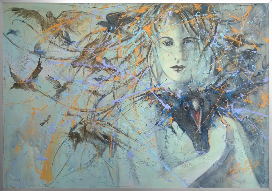 obrazek 1 Krzysztof Trzaska, obraz Nie opuszczaj mnie z cyklu Ptaki, akryl/płyta, 70x100, 2017