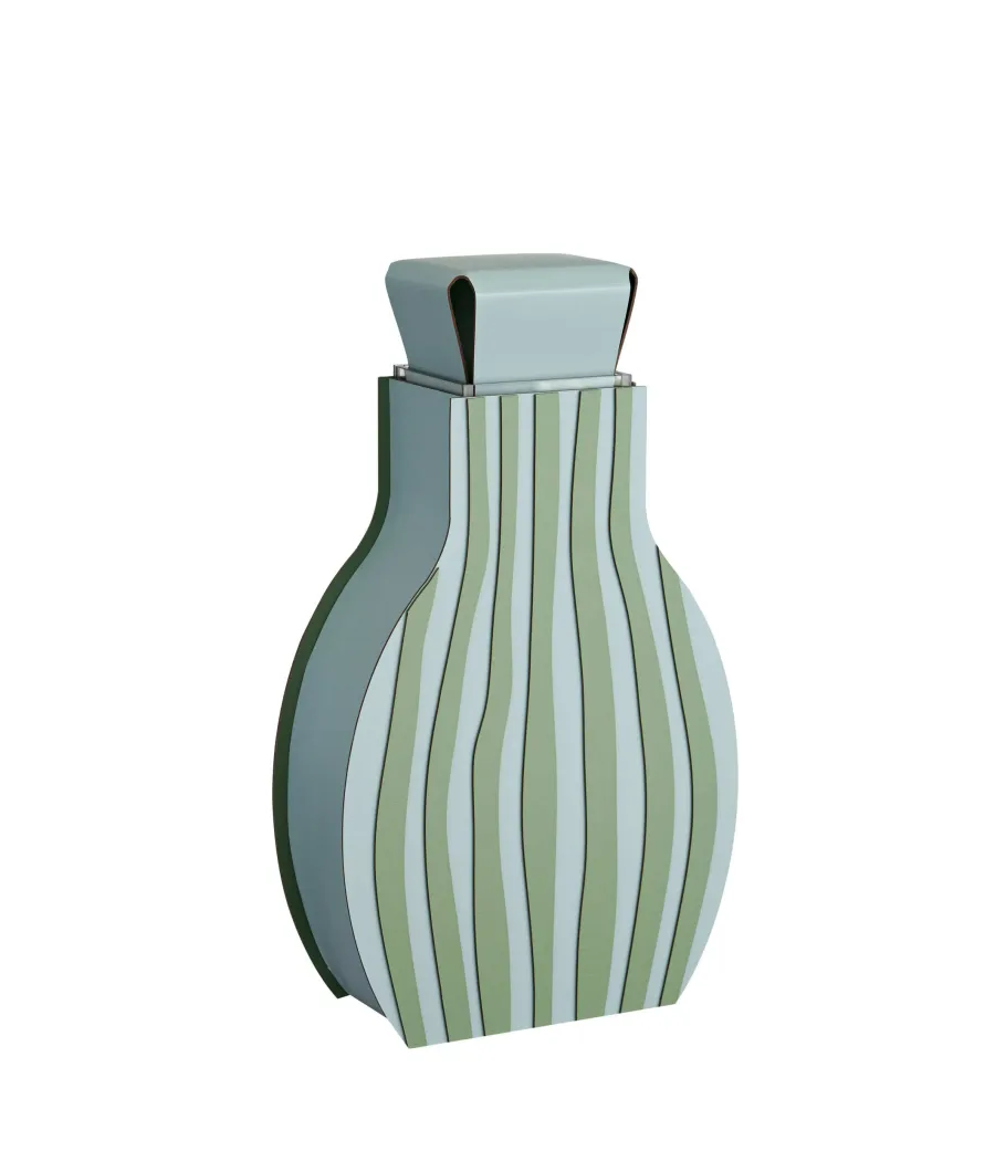 obrazek 2 Designerski skórzany wazon Otto 9x24xH44 cm w pionowe pasy w kolorze jasnobłękitnym i eukaliptusa