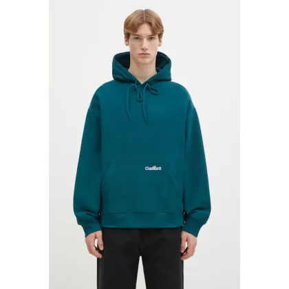 Zdjęcie Carhartt WIP bluza bawełniana Hooded Label Script Sweat męska kolor turkusowy z kapturem gładka I034430.2M1XX