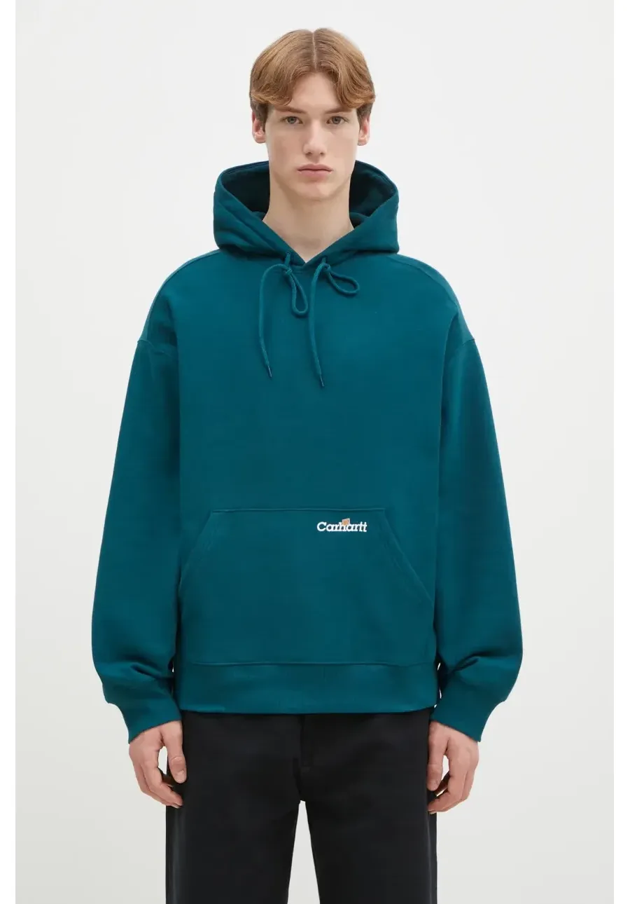 obrazek 1 Carhartt WIP bluza bawełniana Hooded Label Script Sweat męska kolor turkusowy z kapturem gładka I034430.2M1XX