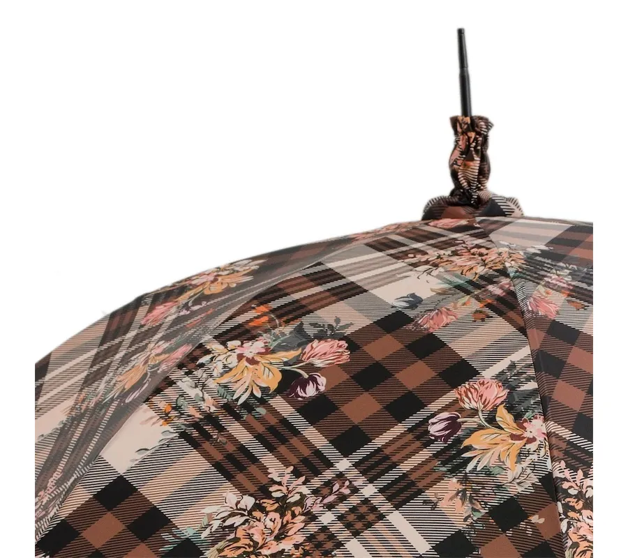 obrazek 3 Stylowy parasol damski w brązową kratę zdobiony subtelnym motywem kwiatowym – Pasotti