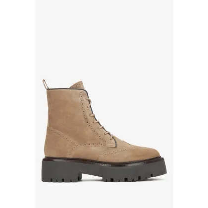 Zdjęcie Estro: Brązowe botki damskie z ozdobnym przeszyciem z włoskiego weluru naturalnego