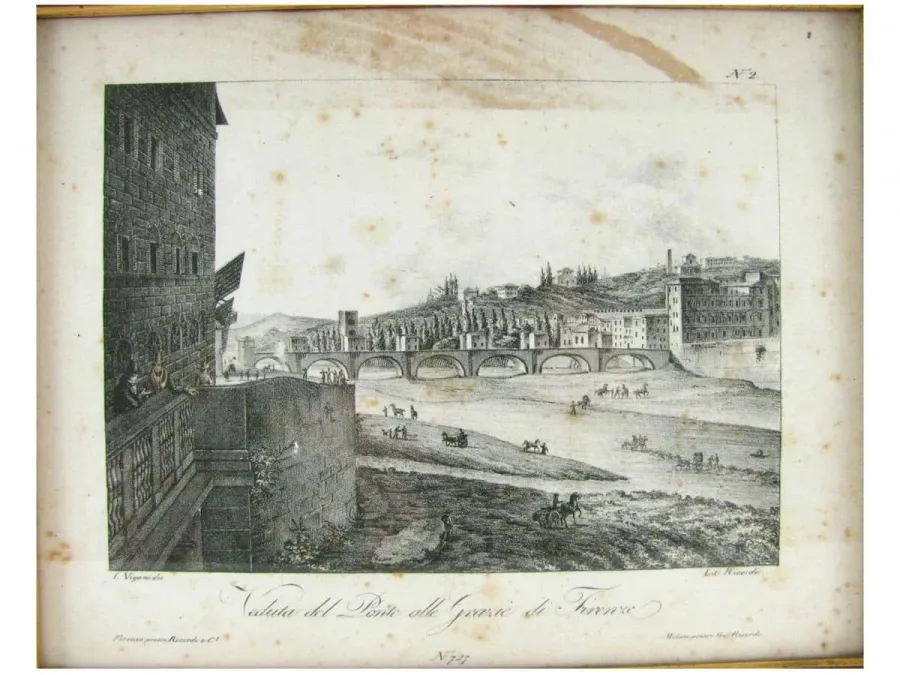 obrazek 2 Piękna litografia przedstawiająca „Widok na Ponte delle Grazie we Florencji” Zaprojektowany przez L. Viganò