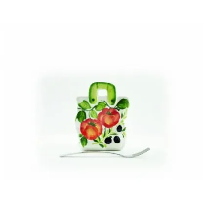 Zdjęcie Średni ręcznie malowany pojemnik na sztućce lub serwetki z motywem pomidorów i oliwek - Le Ceramiche