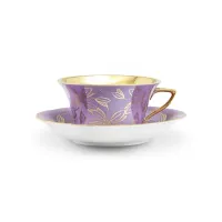 Zdjęcie Porcelanowa filiżanka do herbaty Windsor ze spodkiem w kolorze fioletowym zdobiona złotym motywem kwiatowym – Leander