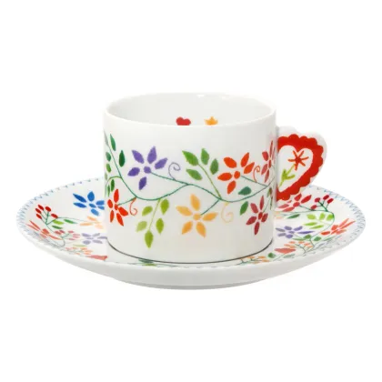 Picture Vila Verde porcelain tea cup and saucer with a floral motif referring to Valentine's Day handkerchiefs - Vista Alegre