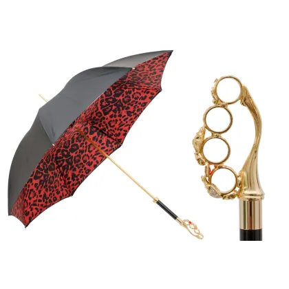 Zdjęcie Elegancki czarny parasol damski zdobiony animalistycznym wzorem z rączką z kryształkami Swarovskiego – Pasotti