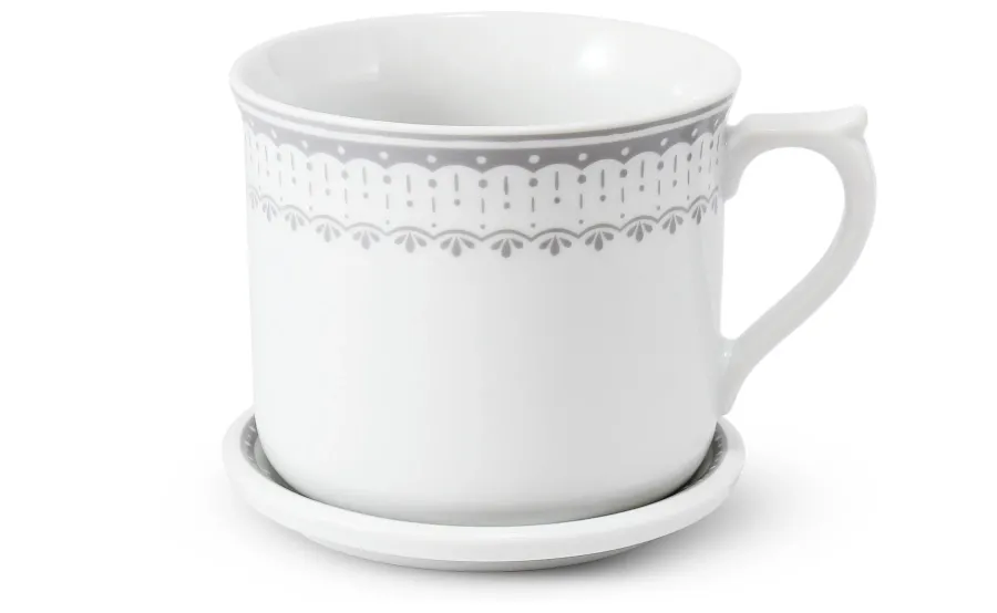 obrazek 2 Elegancki kubek z pokrywką z porcelany z delikatnym szarym zdobieniem – Leander
