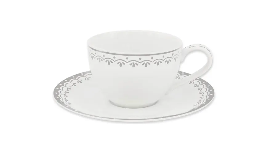 obrazek 1 Elegancka filiżanka ze spodkiem z porcelany z szarym zdobieniem z kolekcji HyggeLine – wariant 3 - Leander