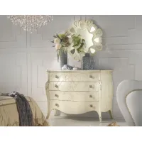 Zdjęcie Gustowna komoda z rzeźbami i wytłoczonymi dekoracjami w kolorze antycznej bieli, szarości, wędzonego orzechu kalii oraz piaskowego orzechu