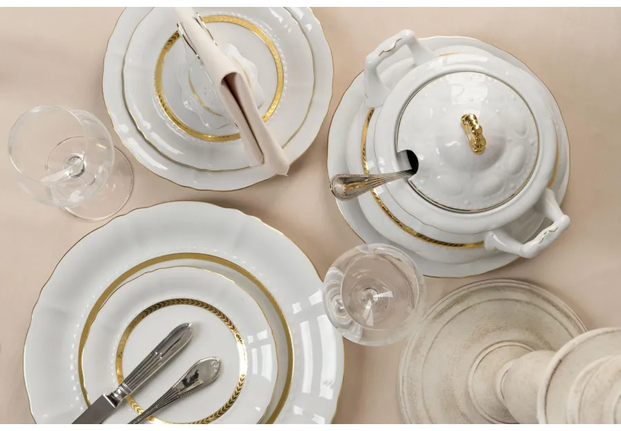 obrazek 2 Piękna 25-częściowa zastawa obiadowa z porcelany w stylu nowoczesnym z kolekcji Golden braid – Leander