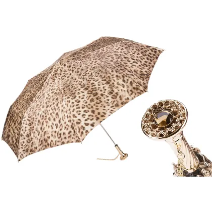 Zdjęcie Ekskluzywny brązowy parasol damski zdobiony motywem skóry leoparda - Pasotti