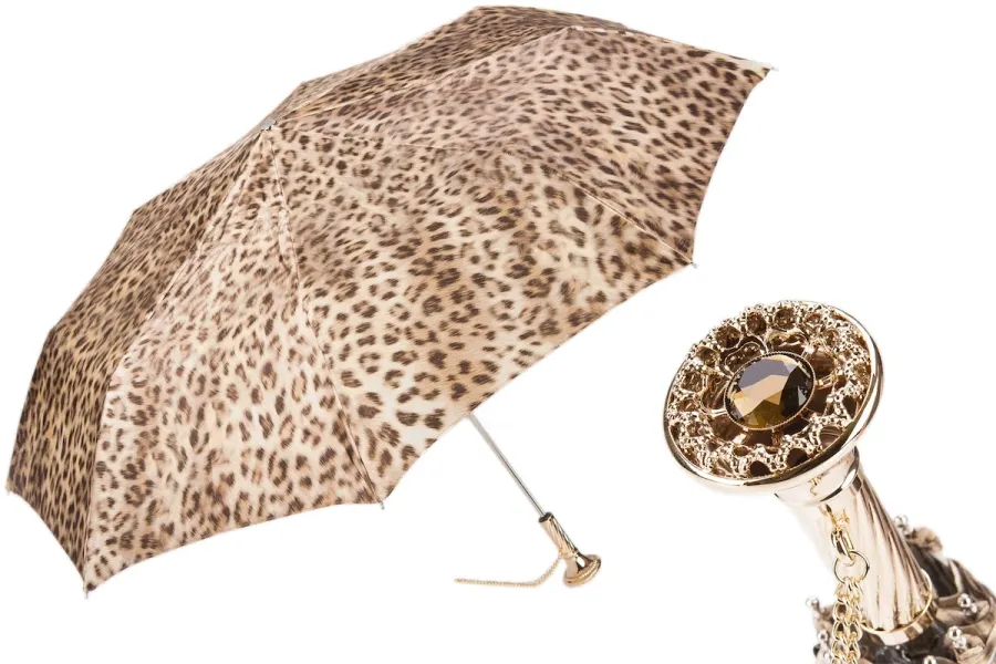 obrazek 1 Ekskluzywny brązowy parasol damski zdobiony motywem skóry leoparda - Pasotti