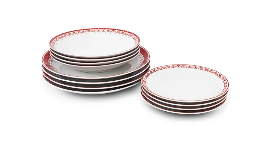 obrazek 1 Stylowy 12-elementowy zestaw porcelanowych talerzy w kolorze czerwonym z pięknym delikatnym zdobieniem – Leander