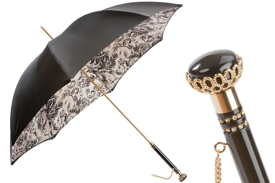 obrazek 1 Stylowy klasyczny parasol damski w kolorze czarnym z kwiatowym motywem – Pasotti