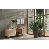Picture TV stand with two doors and one open compartment made of beech wood