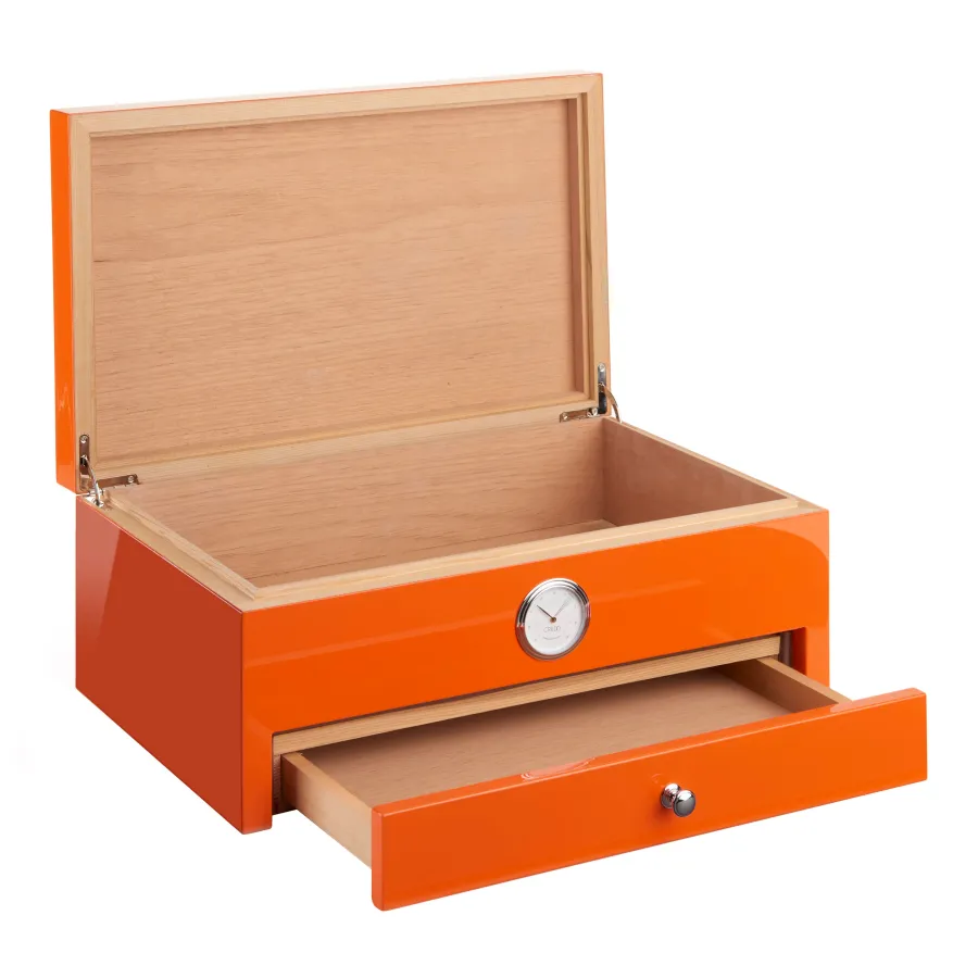 obrazek 3 Stylowy pomarańczowy humidor na cygara z cedru zdobiony motywem karaibskiej plaży