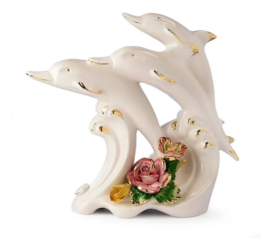 obrazek 1 Ceramiczna ozdoba z 3 delfinami i kwiatami do salonu