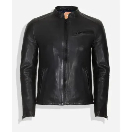 Picture Black men's leather jacket with a stand-up collar