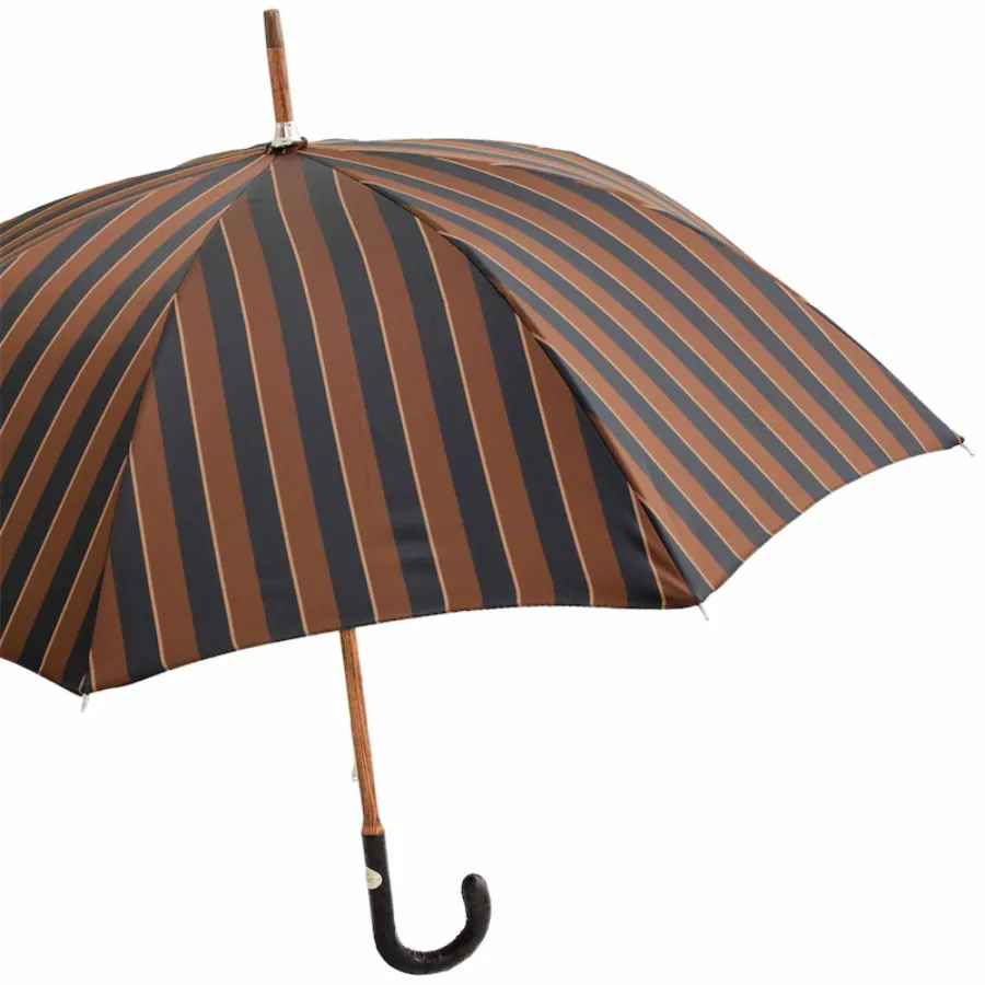 obrazek 7 Stylowy brązowy parasol męski w pionowe paski z rączką ze skóry strusia - Pasotti