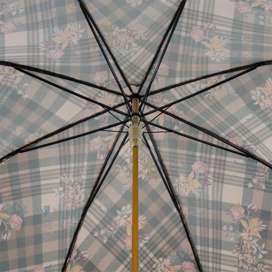 obrazek 6 Stylowy parasol damski w klasyczną brązową kratę z motywem kwiatów – Pasotti