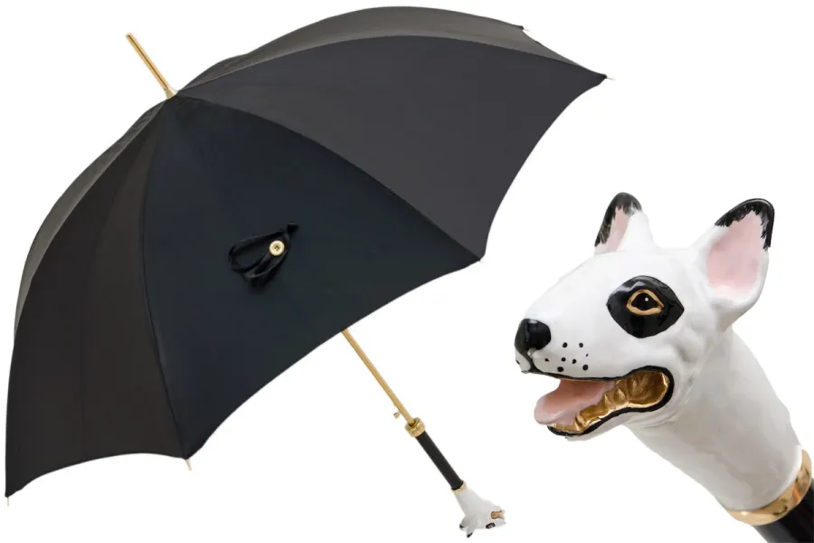 obrazek 1 Stylowy czarny parasol damski z rączką zdobioną głową psa - bulteriera - Pasotti