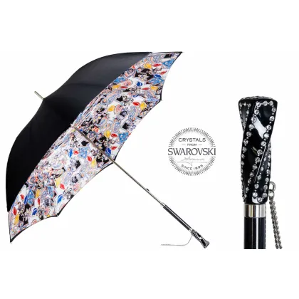 Zdjęcie Ekskluzywny czarny parasol damski zdobiony oryginalnym wzorem z rączką z kryształkami Swarovskiego – Pasotti