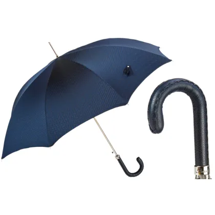 Picture Elegant navy blue men's umbrella with a navy blue leather handle - Pasotti