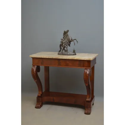 Zdjęcie Elegancki konsolowy stół regencyjny z mahoniu z oryginalnym szaro-czarnym marmurkowym blatem- antyk